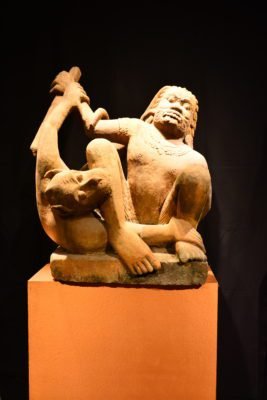 Bayon Period Khmer Sandstone Hanuman Wrestling Rakshasa Statue – 12th Century, 83cm