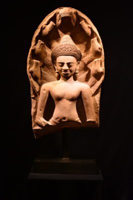 Angkor Wat Period Sandstone Buddha Relief Carving Sheltered by Naga – 77 cm