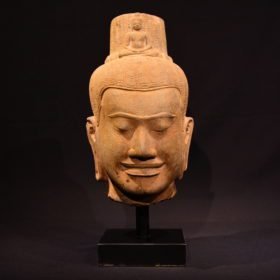 Rare Head of a Bodhisattva Lokesvara-Bayon Period Sandstone Sculpture with Meditating Buddha-34cm/18cm