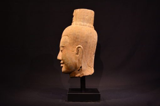 Rare Head of a Bodhisattva Lokesvara-Bayon Period Sandstone Sculpture with Meditating Buddha-34cm/18cm - Image 2